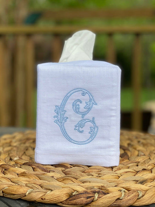Monogrammed Linen Tissue Box Cover. Personalized Gift. Vine Monogram Gift. Hostess Gift.