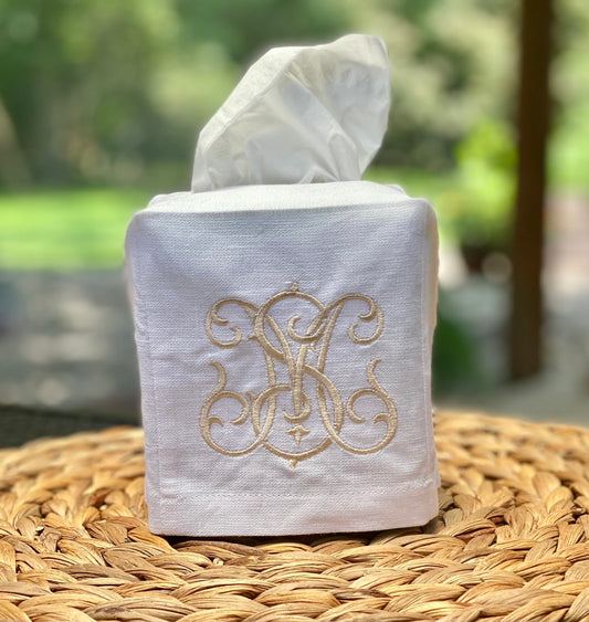 Two Letter Monogram Linen Tissue Box Cover. Personalized Gift.  Hostess Gift. Double Letter Monogram. Duogram